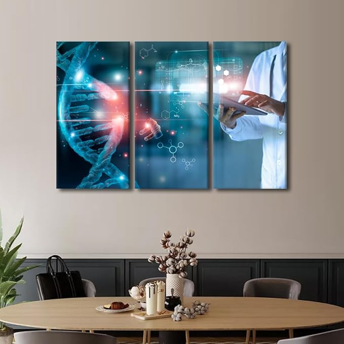 Rebotipy Canvas Wall Art for Living Room Modern 3 Panel Medicine Poster Decor Luminous DNA Molecule Picture Printing for Medical Science Bedroom Decor Stretched and Framed Ready to Hang 40" Wx60 H