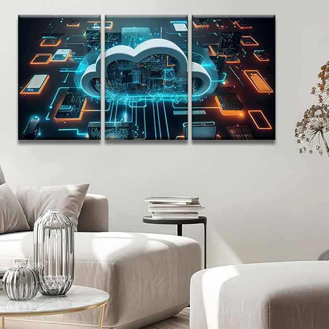 Cloud Technology,Cloud Computing Pictures for Bedroom Wall Decor 3 Panel Wall Art Print on Canvas Posters and Prints Wall Hanging Decor Modern Home Decor Canvas Frame Artwork Ready to Hang 16x24inchx3