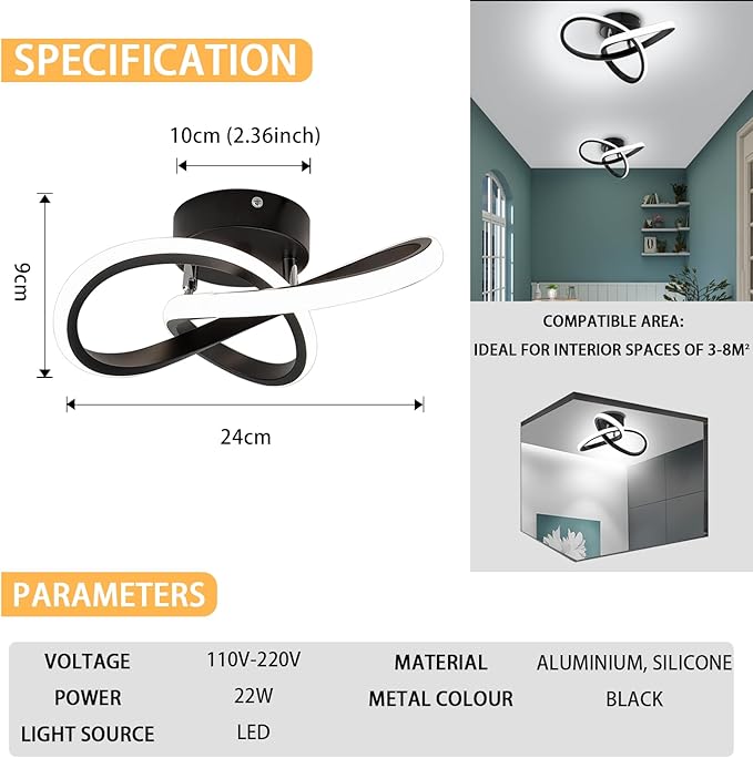 Modern LED Ceiling Light, 2 Rings Creative Black Hallway Ceiling Lighting 6000K Flush Mount Ceiling Lights for Kitchen Bathroom Cool White Light 22W (Black)
