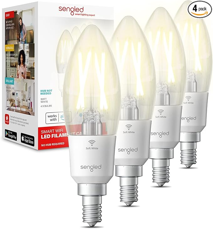 Sengled Smart Light Bulbs, Smart Candelabra LED Bulb, Dimmable Chandelier Light Bulbs, 5W (40W Equivalent) 450LM, Smart Bulbs That Work with Alexa Google, Only 2.4GHz WiFi, No Hub Required, 4 Pack