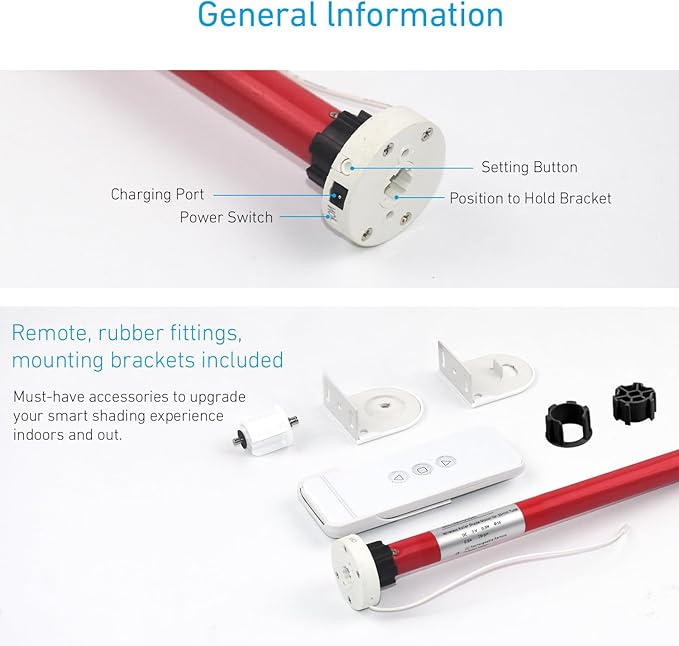 Rollerhouse Battery Powered Motor Kit with Remote Control and Charger - Electric Motor DIY Motorized Tube for Window Blinds,Fit for 1-1/8" (28mm) Shade Tube