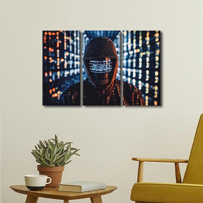 TUMOVO Modern Wall Art Multi Panel Hacker in Mask on Dark Background with Digital Effects Posters Artwork for Living Room Bedroom Wall Decoration, Stretched Framed Ready to Hang, 36" Wx24 H