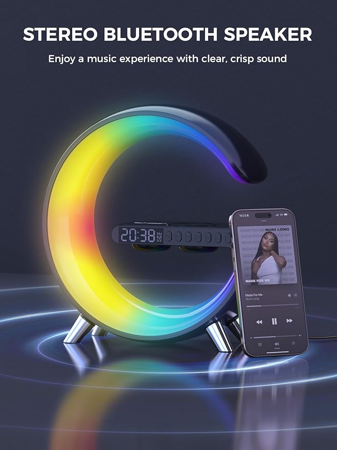 Smiling Shark Wake Up Light, Wireless Charger Atmosphere Desk Light with Bluetooth Speaker White Noise App Control Dimmable Sunrise & Sunset Simulation Dual Alarm Clock Smart Light for Home Decor