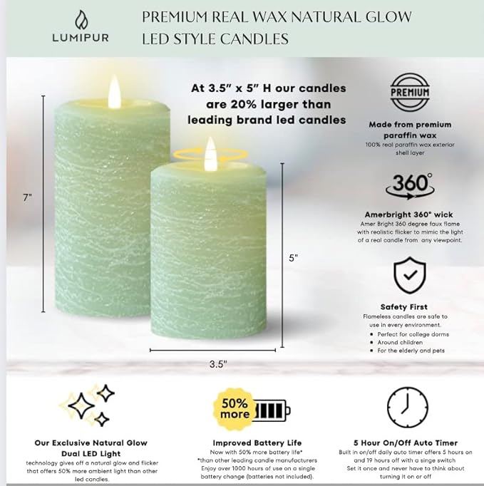LumiPur Signature Natural Glow Flickering Flameless LED Wax Pillar Candle (3.5" x 5", Linen White)