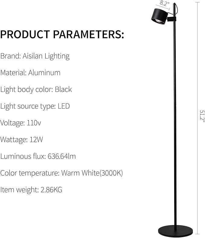 Aisilan LED Floor Lamp, 12W Dimmable Modern Floor Lamps, Adjustable Lamp Head Standing Reading Light for Living Room Bedroom Study Room Indoor,Black, 3000K, CRI 97