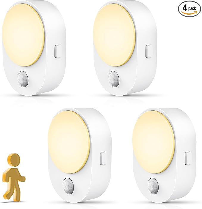 L LOHAS LED Plug in Night Light with Motion Sensor and Dusk to Dawn Sensor,[4-Pack] Night Lights Plug into Wall,3000K Soft White,30/60/100LM Dimmable Nightlight for Bathroom Hallway Kitchen