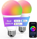 Smart Light Bulbs, 1600LM Smart Bulb Works with Alexa Google Assistant, 13W 100W Equivalent RGBCW Color Changing Music Sync, Bluetooth 2.4GHz Wi-Fi 2700-6500K E26 A21 LED Light Bulbs 2 Packs