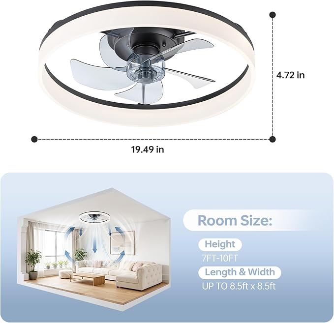 20'' Ceiling Fan with Light,Low Profile Flush Ceiling Fan, 6 Speeds, Dimmable LED, Remote Control, Quiet DC Motor, Bladeless Flush Mount Fixtures for Bedroom, Living Room,DM104-H Black