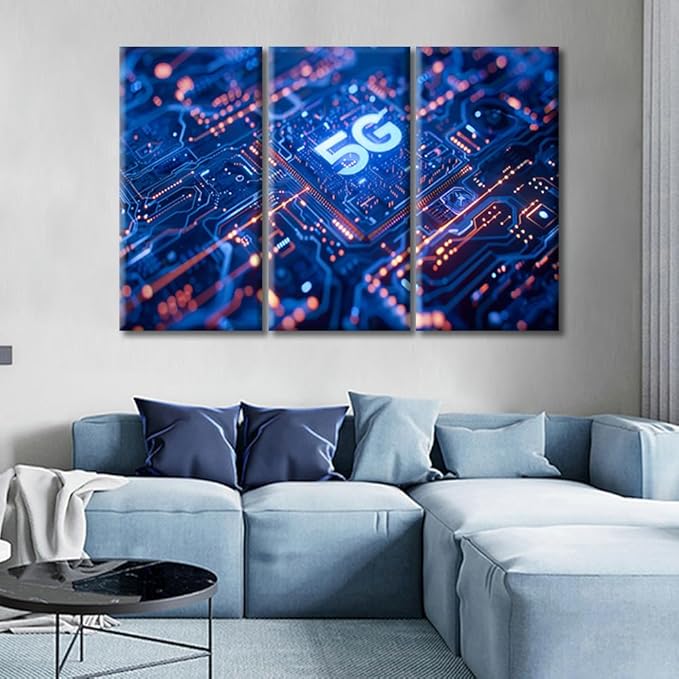 Canvas Wall Art Modern Chip Picture Paintings Artwork Prints Circuit Blue Neon Lights Framed Ready to Hang for Home Office Bedroom Living Room Bathroom Kitchen Wall Decor (42"Wx28"H)