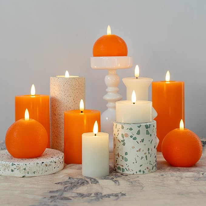 Flameless Candles with Remote, Orange Round Candles Ball LED Battery Operated Real Wax Candles Warm Light 3D Wick Flickering for Home Party Wedding Decor (Set of 3)