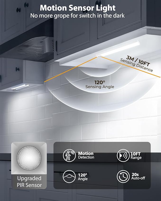 10inch Under Cabinet Lighting, 68 LED Rechargeable Motion Sensor Light Indoor, 6 Levels Dimmable Magnetic Closet Lights, Wireless Under Counter Lights for Kitchen, Stairs, Bedroom, 4-Pack Daylight