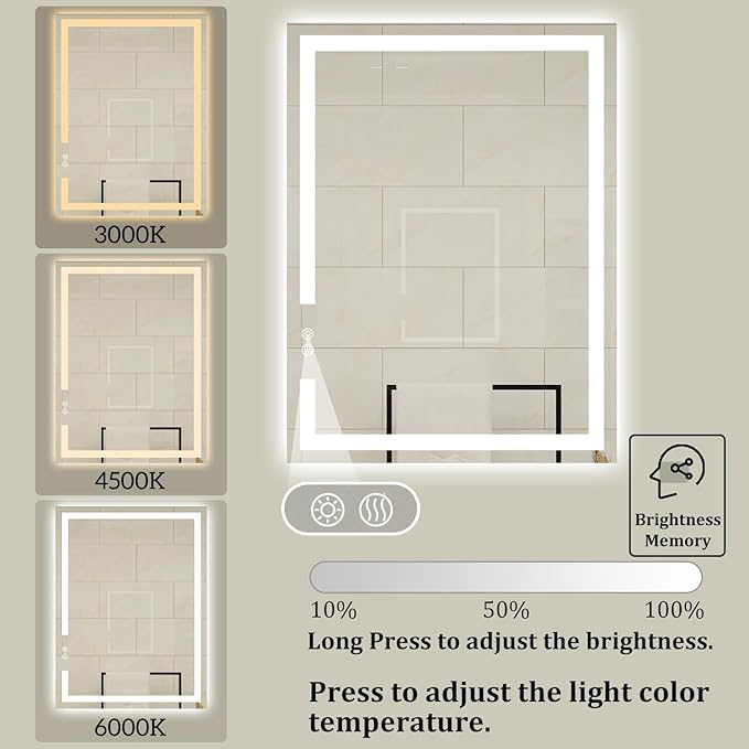 28 X 20 Inch LED Bathroom Vanity Mirror, 3 Colors Light Dimmable, Wall Mounted Memory Lighted Makeup Mirror with Anti-Fog Touch Switch (Front-lit&Backlit)