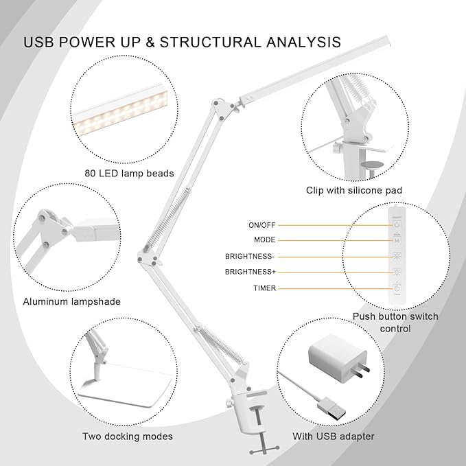 Swing Arm Desk Lamp with Base, 80 LED Beads, 5 Color Modes & 11 Brightness Levels, 360° Adjustable Arm, Eye-Caring Light CRI95, Timer & Memory Function, for Office, Study, Crafting