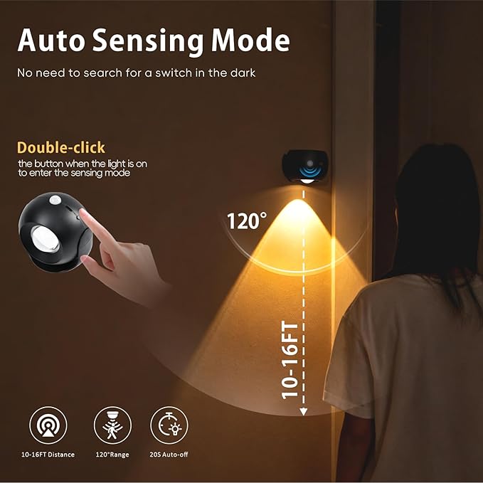 Motion Sensor Wall Light，350° Rotatable Brightness Adjustable Wireless Wall Light, 3 Color Modes Rechargeable Battery Operated Wall Lights for Bedroom, Hallway, Stairs, Closet, Bathroom