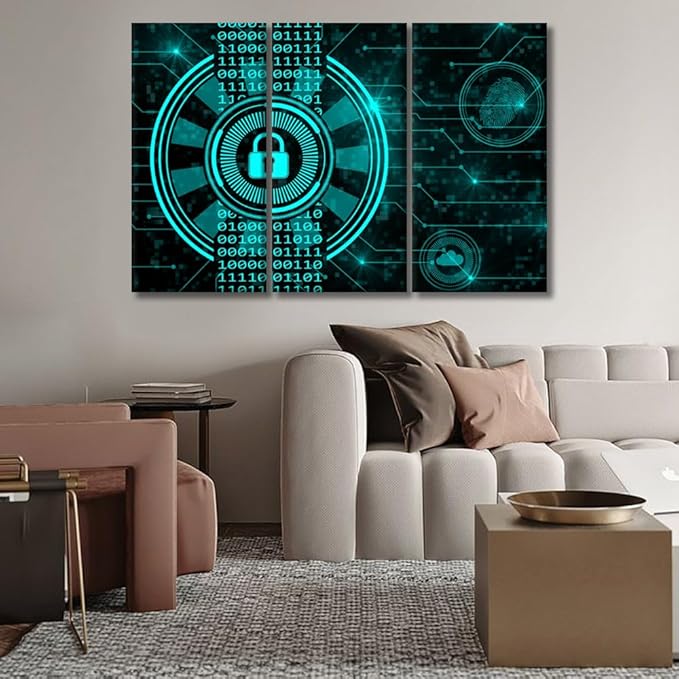 Cloud Services Painting for Living Room Decoration, 3 Panels Secure Technology Concept Padlock Binary Code Hud Poster Prints on Canvas Wall Art for Living Room Bedroom Decoration,20x40inchx3