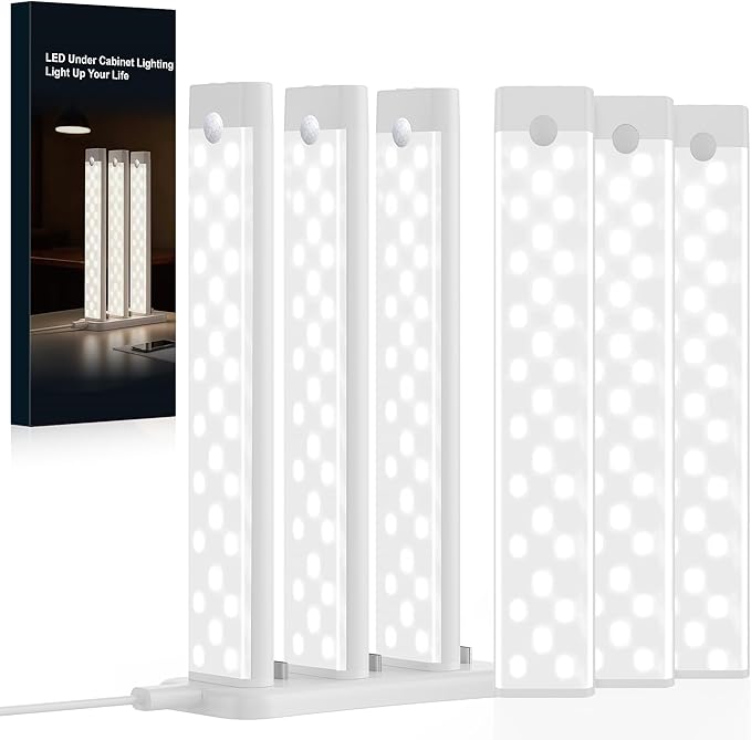 6 Packs Under Cabinet Lighting with Charging Station 8 Inches, Rechargeable Motion Sensor Light Indoor, 3 Color Dimmable Closet Light, USB Led Stick on Under Counter Lights for Kitchen Pantry