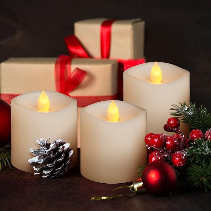 3x3 Flickering Flameless Candles Set of 3, 2AA Battery Life 600 Hours Battery Candles Flickering with Timer,3 inch Flameless Candles with Remote for Indoor/Outdoor, White