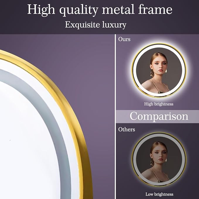 32 inches Round Gold Frame LED Bathroom Mirror, Wall Mount Home Mirror with 3 Color Dimmable Lights, Anti-Fog Smart Touch Sensor Mirror