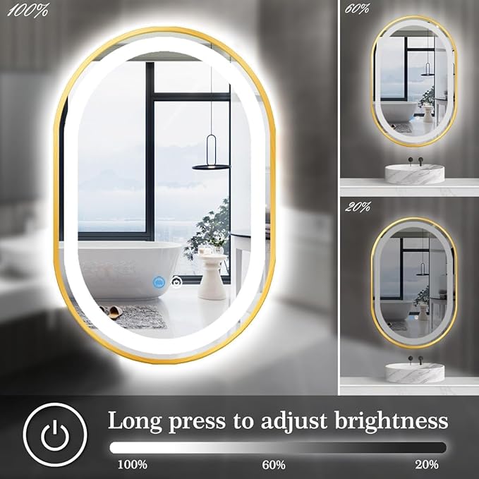 24 x 40 Inch Gold Oval LED Vanity Mirror with Lights Smart Memory 3 Color Dimmable Anti-Fog 40" Gold Framed Oval Lighted Mirror for Bathroom Salon Wall LED Ovals Mirror with Lights Frame