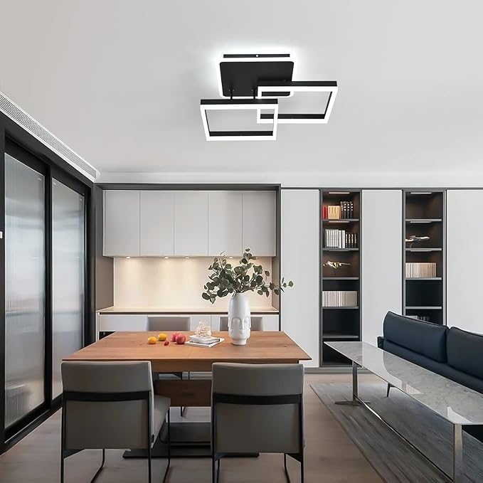 Garwarm Modern LED Ceiling Light, Dimmable 3 Heads Squares Ceiling Lamp Fixture with Remote, Acrylic Metal Flush Mount Ceiling Chandelier Lighting for Living Room Bedroom (70W, Black)