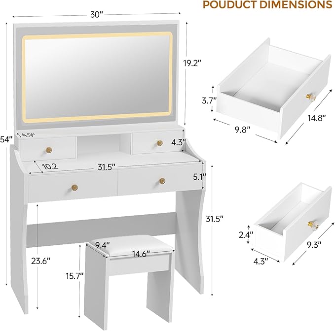COMHOMA Makeup Vanity Desk with Mirror and Lights, Vanity Table and Chair Set with 5 Drawers & Charging Station, Bedroom Dressing Table, Stepless Dimmable & 3 Color Modes Adjustable, Snow White