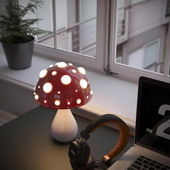 Juodke Mushroom lamp, LED 3 Colors Dimmable Mushroom Cloud Decor Lamp, Aesthetic Room Decor Ambient Glowshroom Lamp, for Bedroom, Living Room, Office (Bulb Included) (Red)