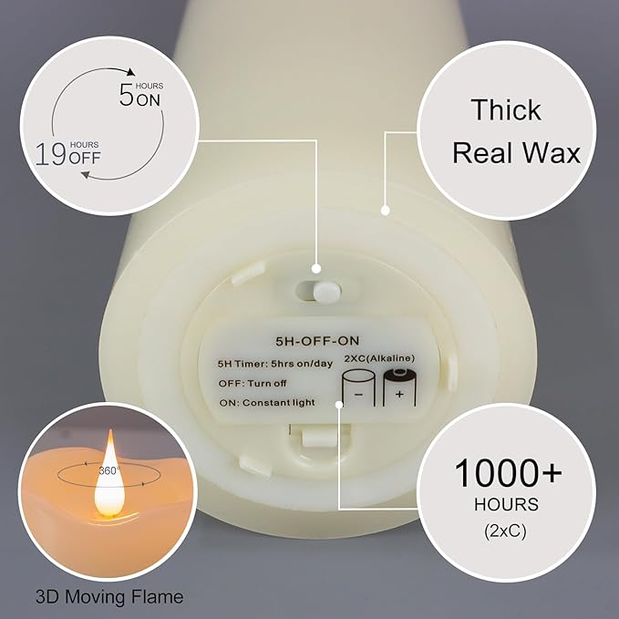 10" x 4" Large Flameless Candles with Remote Timer, Flickering 3D Moving Flame, Last 1000+ Hours, Real Wax Tall LED Pillar Candles Battery Operated for Indoor Home Decor, Ivory