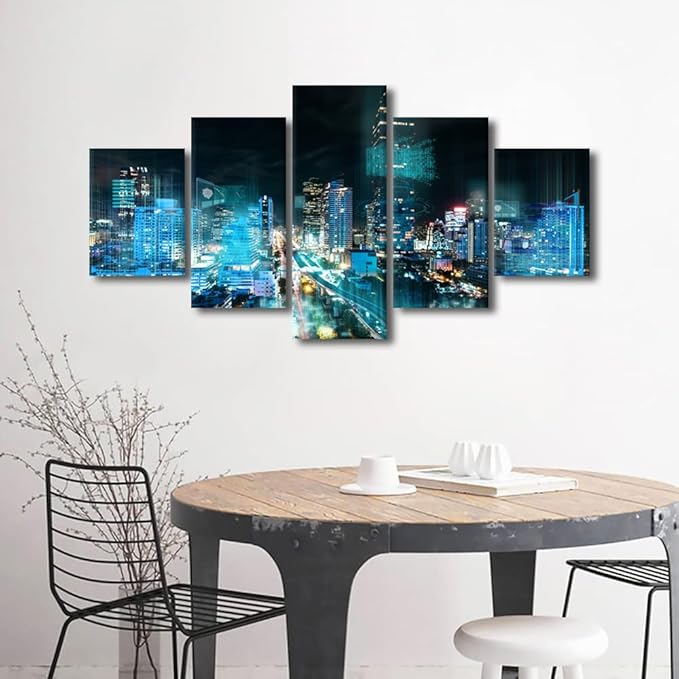 Smart City Wall Art Office Decoration 5 Panel Cityscape Poster Energy Digitalization Picture Printing Internet Workers Living Room and Bedroom Decoration Frame and Stretched Ready to Hang 60x32 Inch