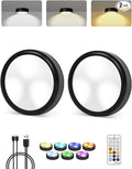 2-Pack Puck Lights with Remote, 1800mAh Rechargeable Under Cabinet Lighting, 3 Color Temps & 7 RGB Colors, Long-Lasting Dimmable Stick-On Lights for Cabinet, Kitchen, Shelf, Party