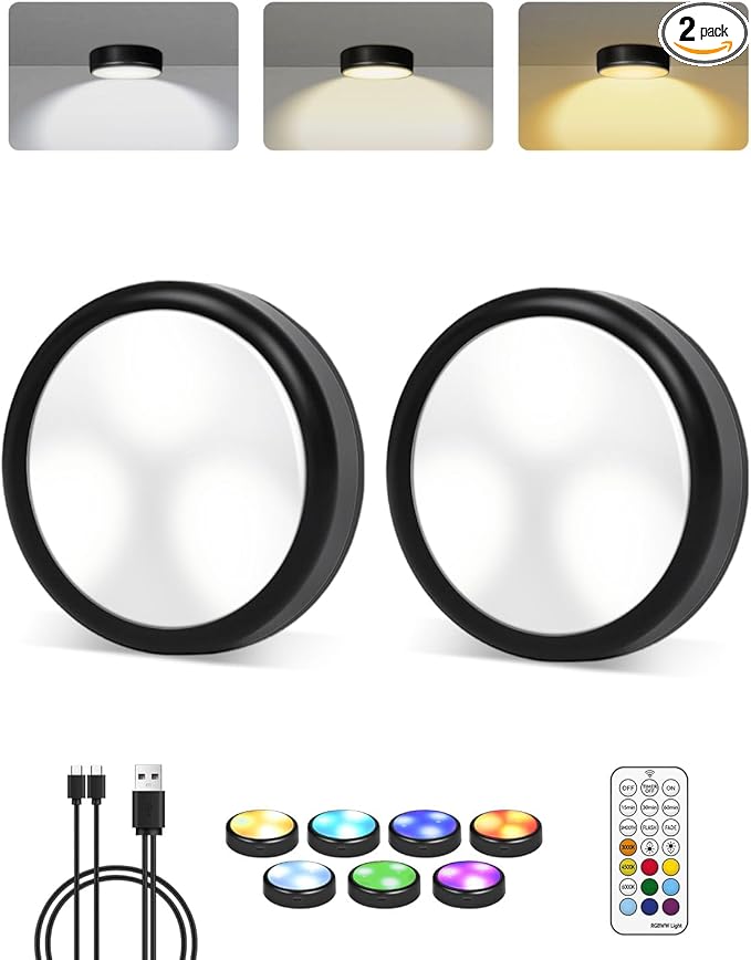 2-Pack Puck Lights with Remote, 1800mAh Rechargeable Under Cabinet Lighting, 3 Color Temps & 7 RGB Colors, Long-Lasting Dimmable Stick-On Lights for Cabinet, Kitchen, Shelf, Party