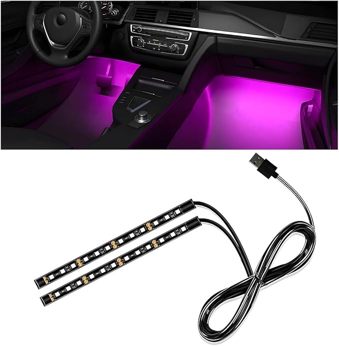 Car Interior LED Strip Light, 12V 24 LED Waterproof Neon Ambient Night Light with USB Port, Automotive Atmosphere Decorative Under Dash Lighting Kit, Car Accessories (Pink Purple)