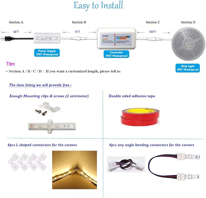 Continuous 55FT/Roll 12V 60LEDs/M RGB SMD 5050 LED Strip Light Flexible Waterproof IP65 Indoor/Outdoor with RF Remote & Controller and Power Supply