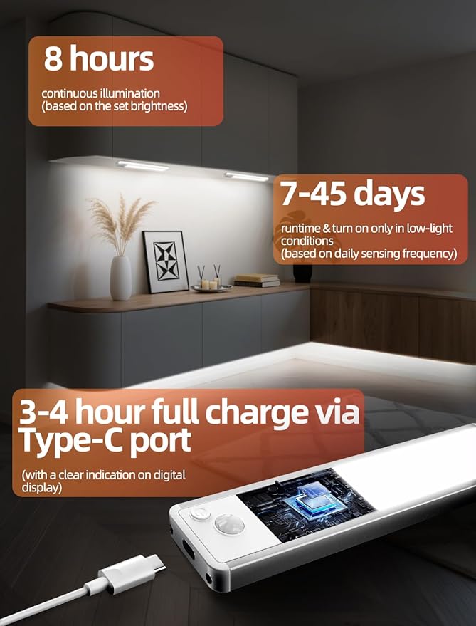Under Cabinet Rechargeable Lighting: 8 Inch Motion Sensor Dimmable Lights Indoor - Battery Operated Lights - Wireless Closet Light Magnetic Led Light for Kitchen Home Bathroom Counter 6 Pack