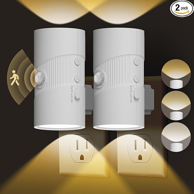 easuntec Motion Sensor Light Indoor, Night Lights Plug into Wall, Motion Sensor & Dusk to Dawn Sensor, 3 Light Modes, Dimmable Night Light for Bedroom Bathroom Hallway Kitchen Stairs (White, 2 Pack)