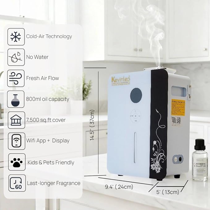 Kevinleo Scent Diffuser Machine WiFi Control for 7,500 Sq.Ft Large Spaces, 800ml Aromatherapy Nebulizing Waterless Diffuser Lasting-Long Fragrane,Essential Oils Diffuser HVAC for Office, Hotels