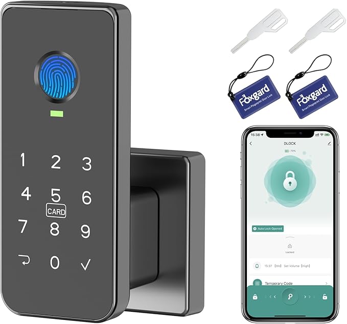 Foxgard Fingerprint Door Lock – 5-in-1 Biometric Smart Lock with Keypad, App Control, Key, Auto-Lock, Electronic Deadlock – Keyless Entry for Bedroom, Office, Indoor Use – Includes 2 IC Cards