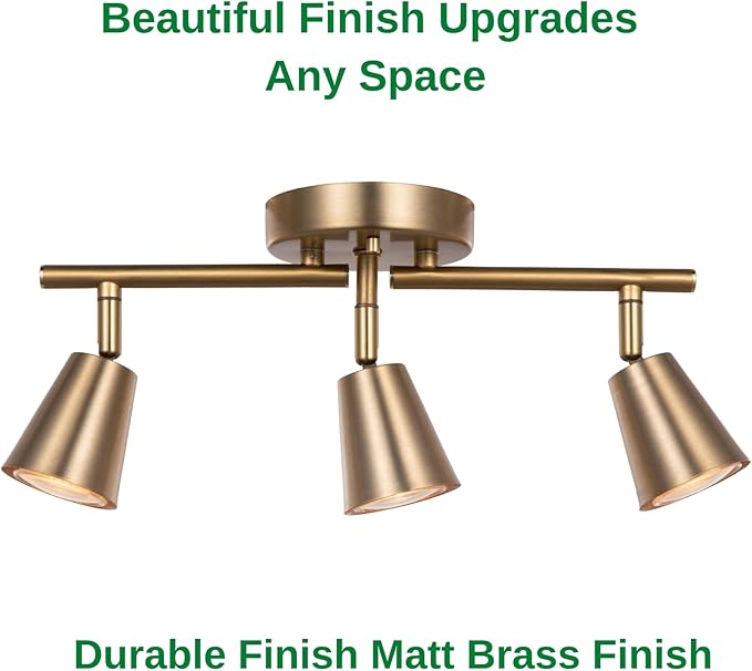 3 Light Track Lighting Kit, Matte Brass Finish Adjustable Flexibly Rotatable Light Head Modern Ceiling Spot Light for Kitchen,Bedroom,Living Room