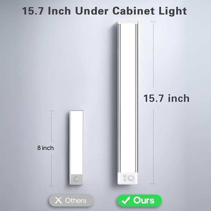 15.7inch Under Cabinet Lighting Rechargeable, 100 LED Super Bright, Motion Sensor, 3 Color Temps & Dimmable, Long Lasting Wireless Magnetic Closet Light for Kitchen, Pantry, Stairs (2 Pack)