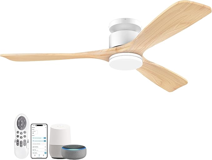 52 Inch Smart Flush Mount Ceiling Fans with Lights Remote,Wood Outdoor Indoor Ceiling Fan,WIFI Alexa App Control,Quiet DC Motor,Modern Low Profile Fan LED Lighting for Bedroom Patio,White & Light Wood