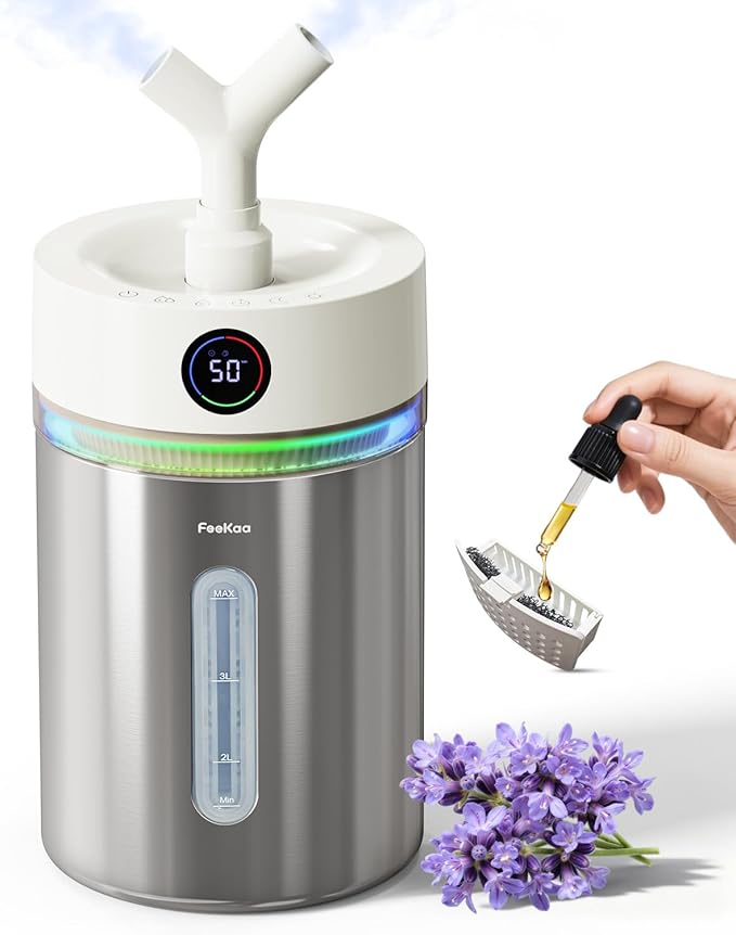 Feekaa Stainless Steel Humidifier, 4L/1Gal Cool Mist Humidifiers for Bedroom, Easy to Clean Dishwasher Safe Humidifier Large Room with Diffuser, Humidifiers for Baby Nursery Living Room Office Plant