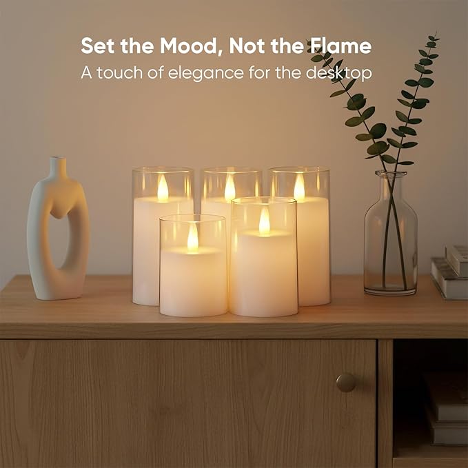 Amagic 3"×4" 5" 6" 6" 6" White Flameless Candles with Remote and Timer, Realistic Flickering Battery Operated Acrylic Led Fake Candles for Home Wedding Party Fall Christmas Decor, Set of 5