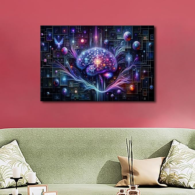 Neural Network Wall Art for Bedroom Futuristic Technology Wall Decor for Living Room AI Print Artwork Canvas House Wall Decoration Framed Artwork for Walls 16" Wx24 Hx1 Panel