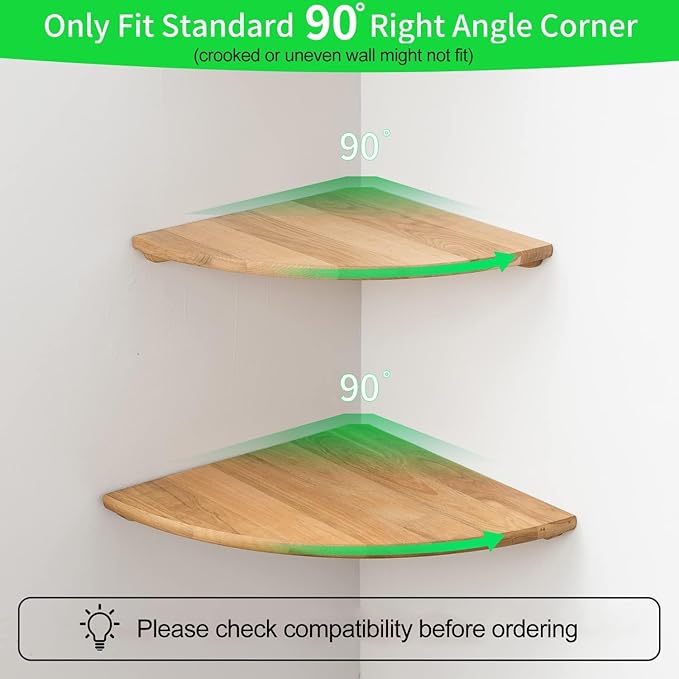 Corner Shelf, Solid Oak Wood Floating Corner Shelf Wall Mount Round End Floating Speaker Shelves with Wire Hole for Small Plant Photo for Bedroom Kitchen, Living Room