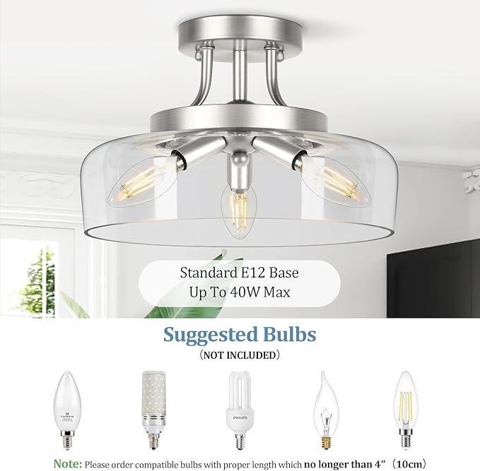 TOBUSA 3-Light Semi Flush Mount Light Fixture, Modern Industrial Glass Ceiling Light with E12 Base, Metal Semi Flush Ceiling Light for Living Room Kitchen Bedroom Hallway Balcony, No Bulbs, Nickle
