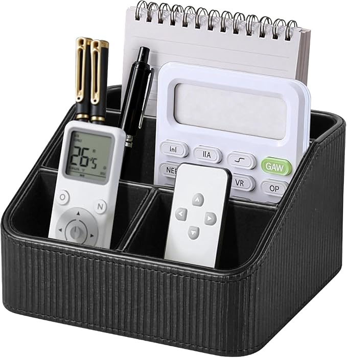 PU Leather Remote Control Holder with 4 Compartments, Small Desk Organizer Office Supply Bedside Caddy, All-in-One Small Bedside Remote Holder Nightstand Desktop Organizer