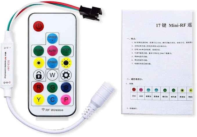 ALITOVE WS2812B WS2811 Addressable LED Controller RF Remote Wireless Mini Controller 5~24V DC for WS2812 WS2811 Dream Color Rainbow RGB LED Pixel Strip Panel Light, 3pin JST Connector 200 Color Modes