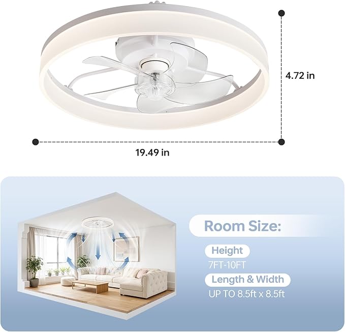 20'' Ceiling Fan with Light,Low Profile Flush Ceiling Fan, 6 Speeds, Dimmable LED, Remote Control, Quiet DC Motor, Bladeless Flush Mount Fixtures for Bedroom, Living Room,DM104-B White