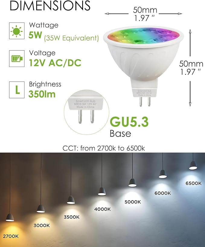 MR16 LED Bulb Color Changing MR16 Smart LED Bulb Wifi Color Changing Light Outdoor Compatible With Alexa Google Assistant, 16 Million Colors Rgbcw, 2.4Ghz Wifi & Bluetooth, Music Sync,4-Pack