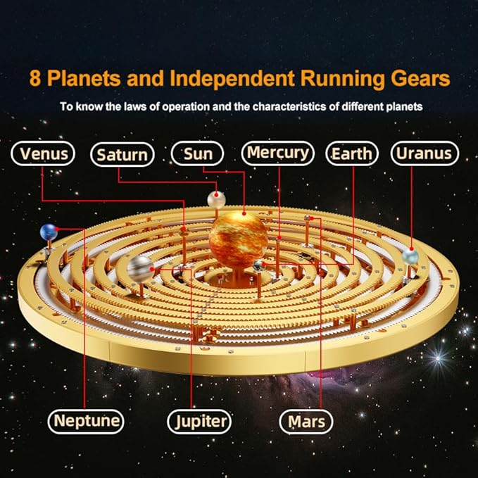 Metal Solar System Model Kit That Works - Motorized Metal Planetarium with LED Night Light Sun, Educational STEM for Adults, Classroom Science Project, Unique Desk Decor Gift