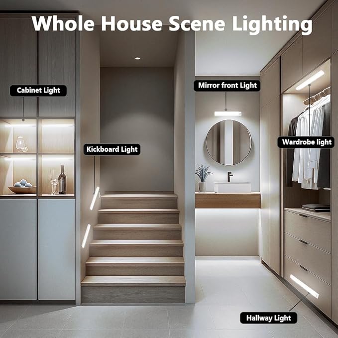 10inch Under Cabinet Lighting, 68 LED Rechargeable Motion Sensor Light Indoor, 6 Levels Dimmable Magnetic Closet Lights, Wireless Under Counter Lights for Kitchen, Stairs, Bedroom, 2-Pack Daylight